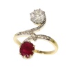 Circa 1900 Art Nouveau Toi et Moi ring with diamond, ruby, antique sparkle